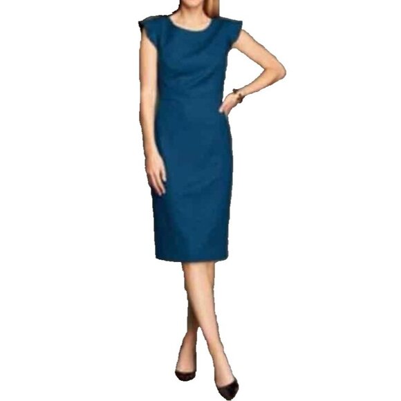 Talbots Sheath Dress 14P Blue Italian Flannel Short Ruffle Sleeve Career Church - Picture 1 of 13